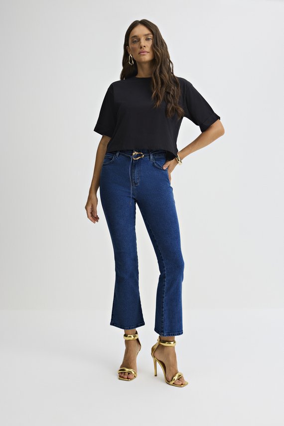 Calça Feminina Amsterdam Flare com Cintura Alta Cropped com Cinto - IDX20137