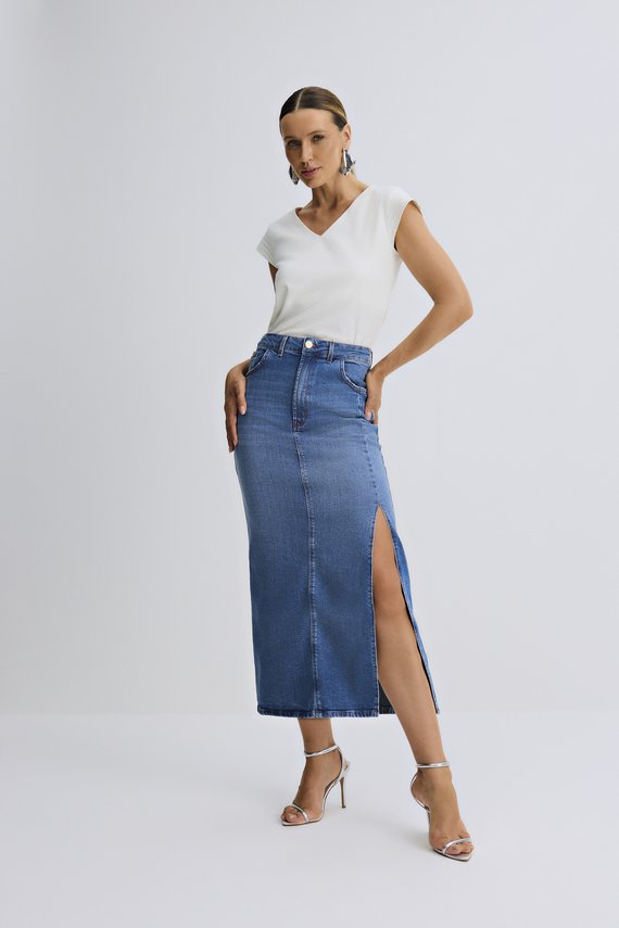 Saia Feminina Básica Evasê com Cintura Alta Midi - IDX7017