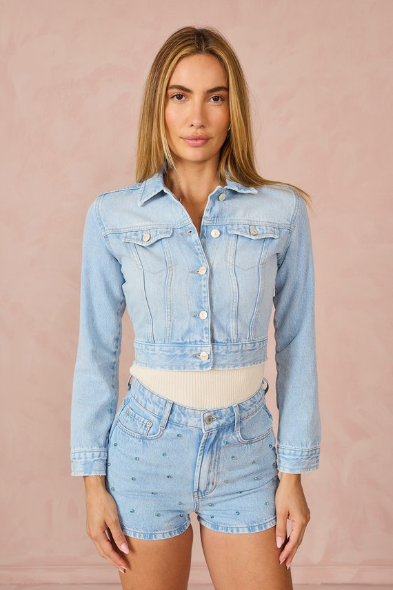 Jaqueta Jeans Feminina Regular Cropped com Manga Longa - DZ9245