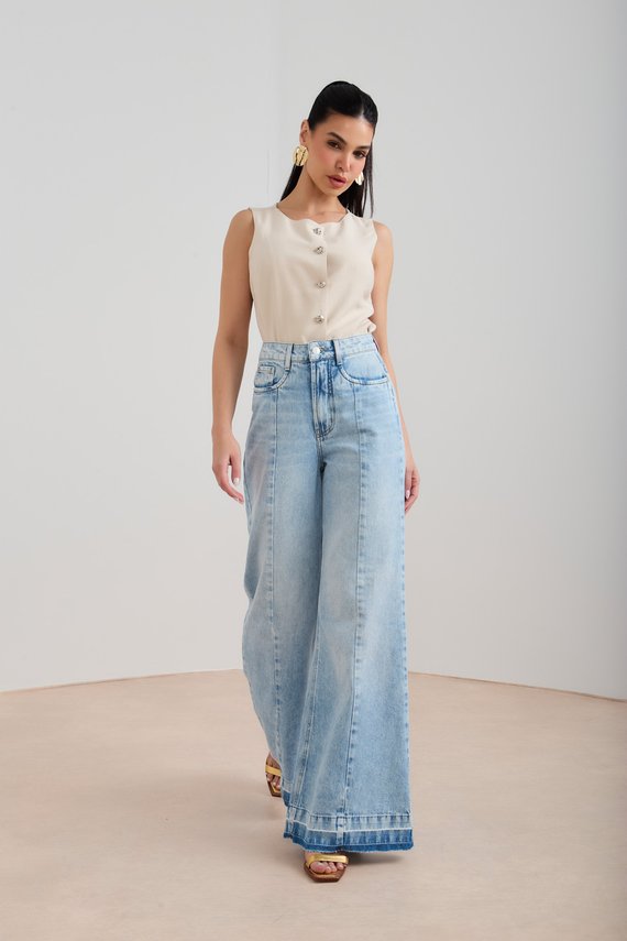 Calça Jeans Feminina Pantalona com Barra Dupla - DZ20561