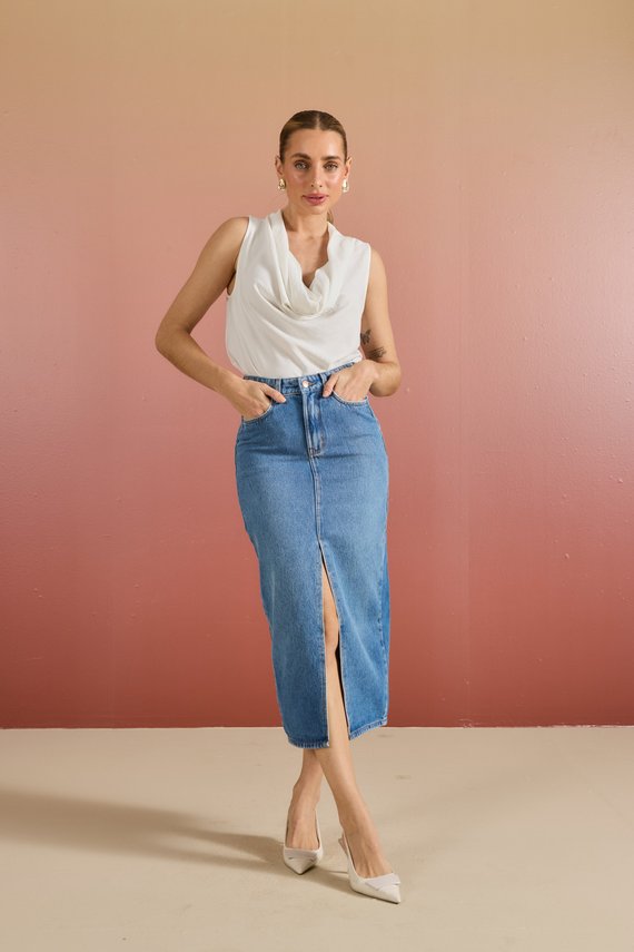 Saia Jeans Feminina Regular Midi com Cintura Alta - DZ7342