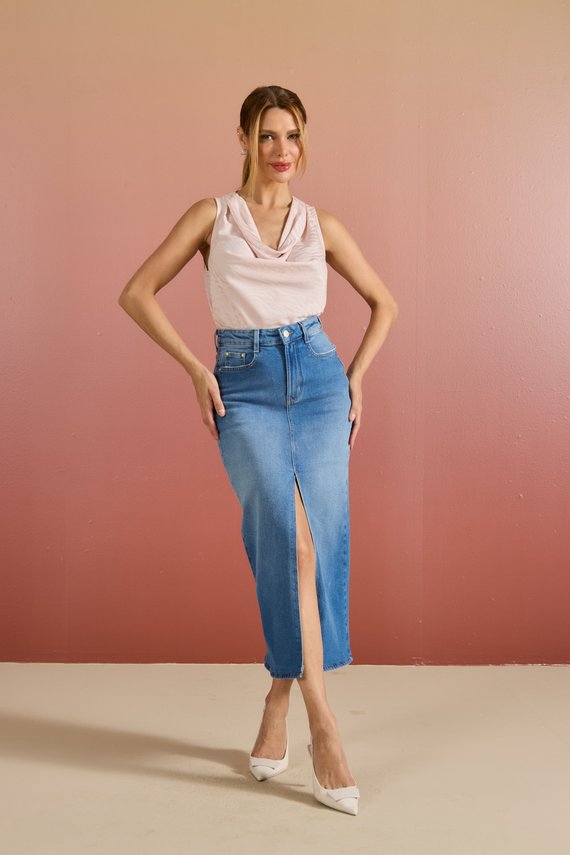 Saia Jeans Feminina Regular Fit Midi com Cintura Alta - DZ7343