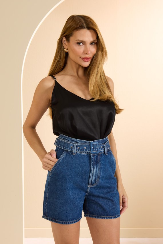 Bermuda Jeans Feminina Retrô Meia Coxa com Cintura Alta - DZ4121