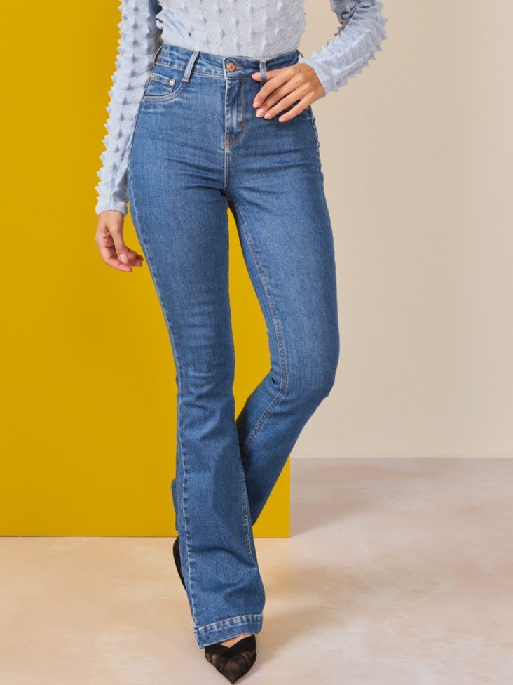 dz21152 re calca jeans feminina flare alongada com cintura media frente 2