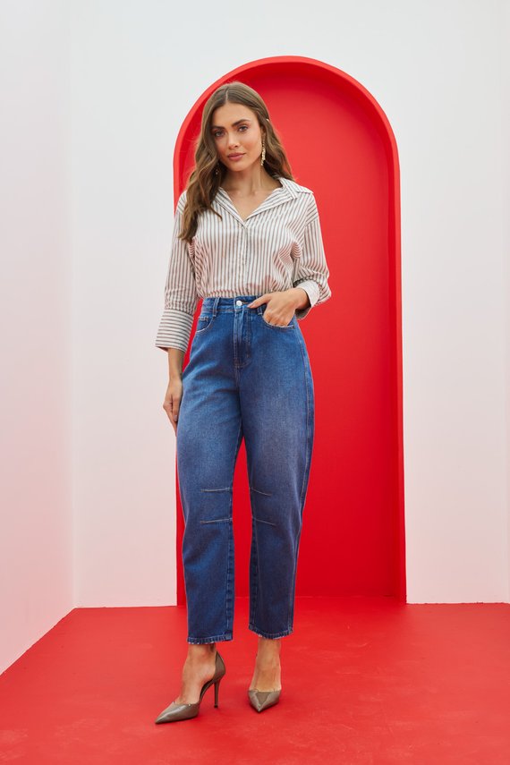 Calça Jeans Feminina Barril Cigarrete com Cintura Alta - DZG1197