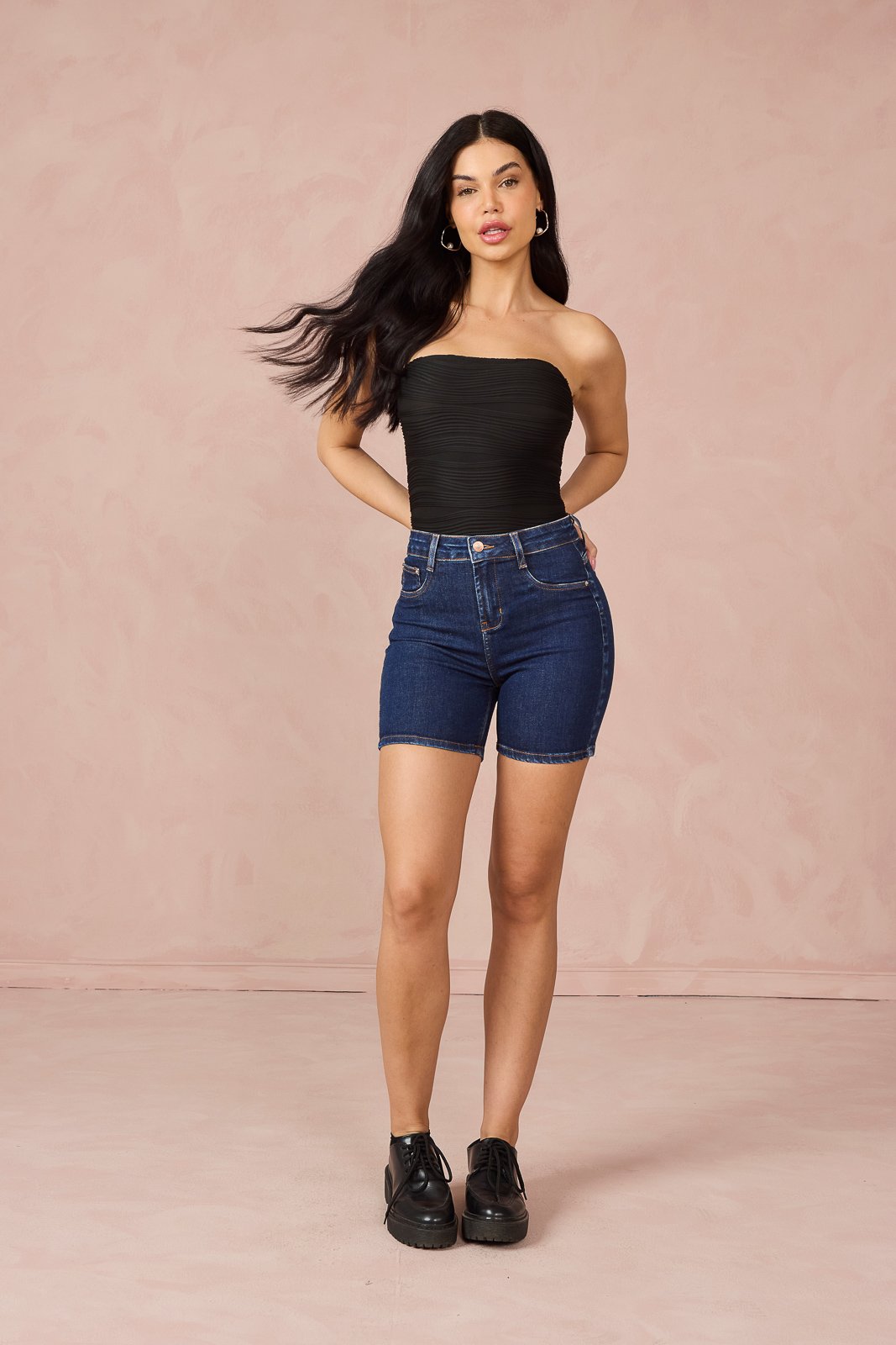 dz4111 com bermuda jeans feminina slim meia coxa com cintura media frente 4