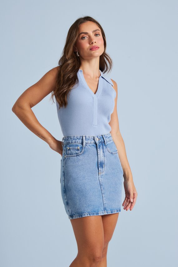 Saia Jeans Feminina Regular Curta com Cintura Alta - DZ7347