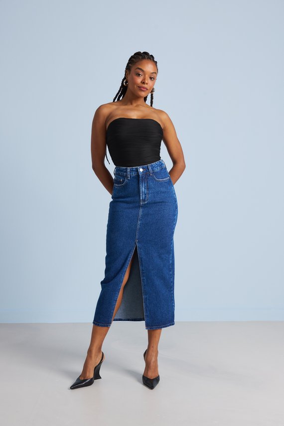 Saia Jeans Feminina Regular Midi com Cintura Alta - DZ7350