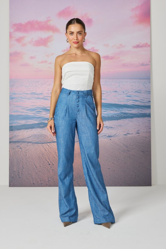 Calça Jeans Feminina Wide Leg Alongada com Cintura Alta - DZ21259