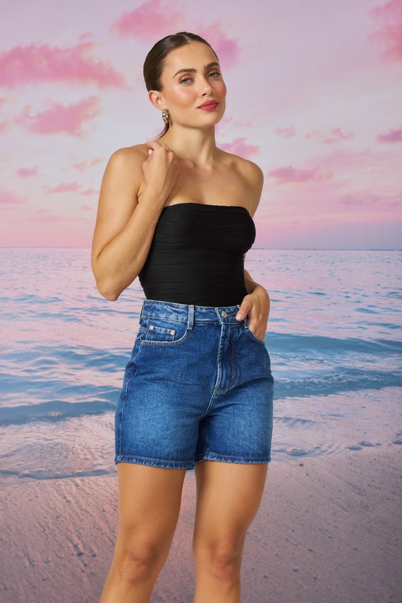 Bermuda Jeans Feminina Retrô Meia Coxa com Cintura Alta - DZ4129