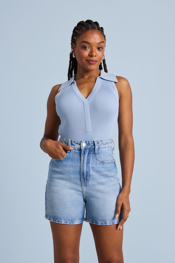 Bermuda Jeans Feminina Retrô Meia Coxa com Cintura Alta - DZ4130