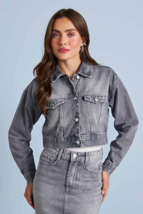 Jaqueta Jeans Feminina Retrô Cropped com Manga Longa - DZ9249