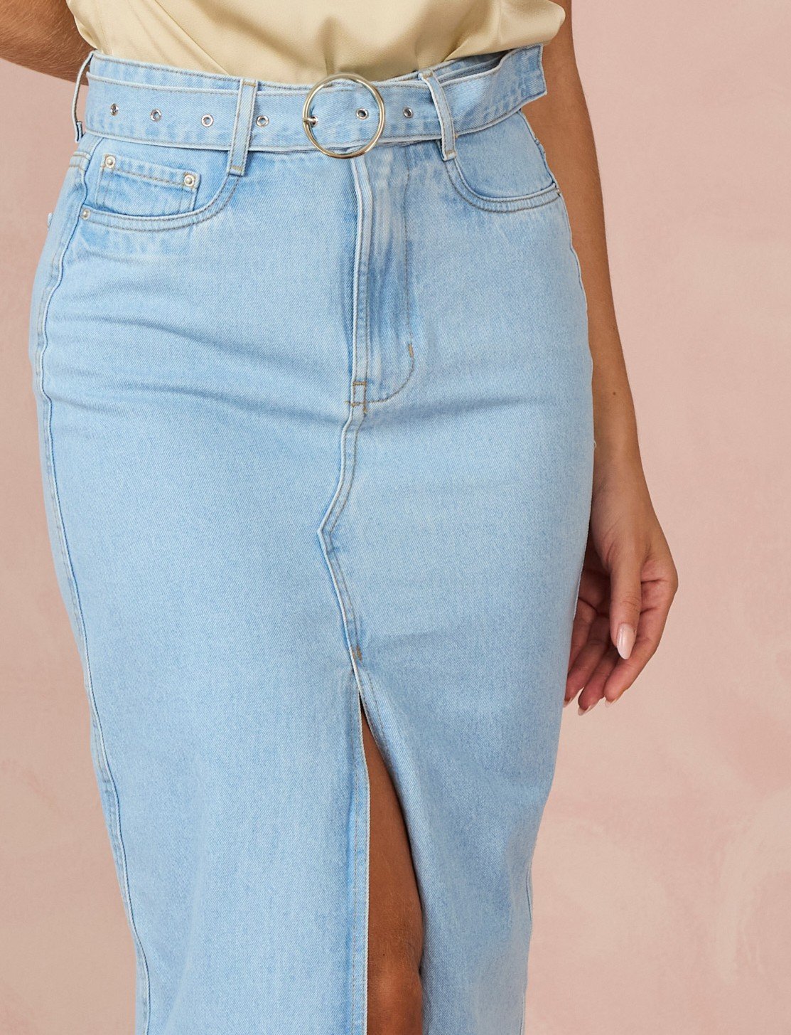 dz7335 alg saia jeans feminina regular midi com cintura alta frente 5