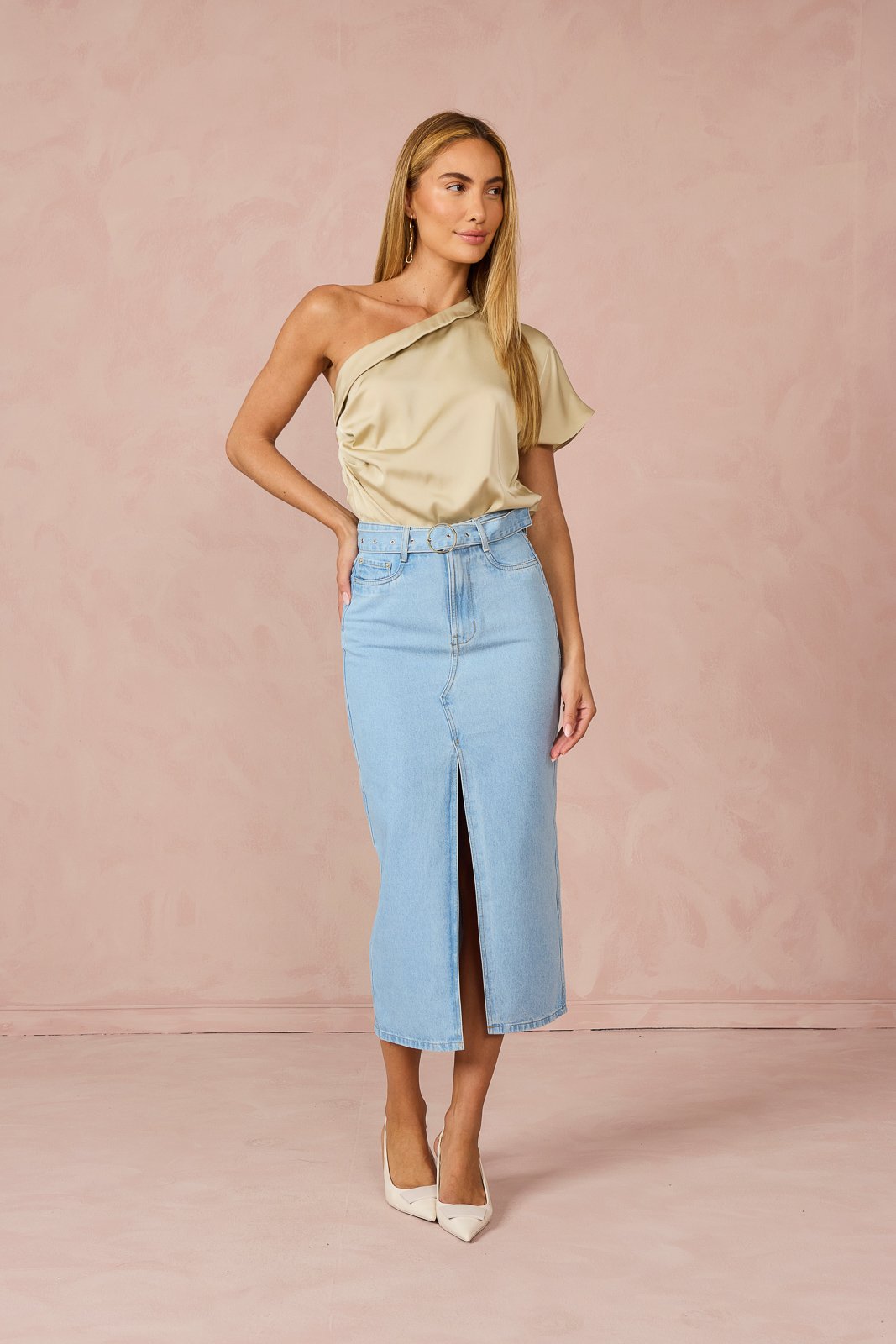 dz7335 alg saia jeans feminina regular midi com cintura alta frente 4