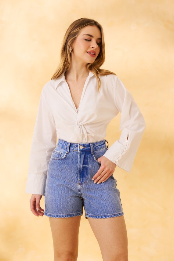 Bermuda Jeans Feminina Retrô Meia Coxa com Cintura Alta - DZ4137