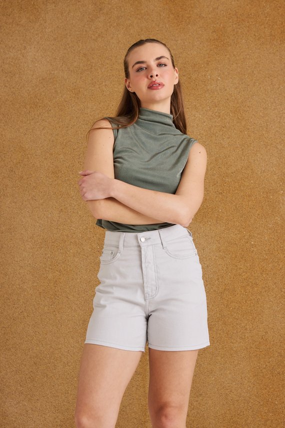 Bermuda Jeans Feminina Retrô Meia Coxa com Cintura Alta - DZ4123