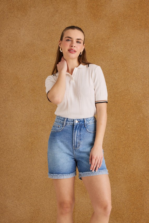 Bermuda Jeans Feminina Retrô Meia Coxa com Cintura Alta - DZ4136