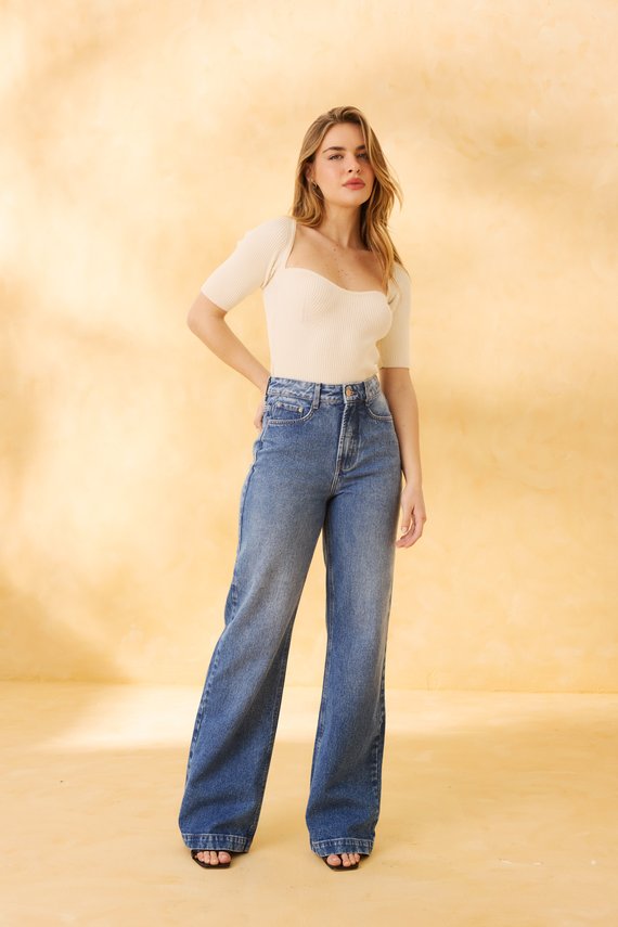 Calça Jeans Feminina Wide Leg Alongada com Cintura Alta - DZ21285