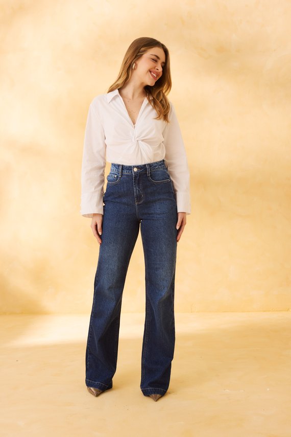 Calça Jeans Feminina Wide Leg Fit Alongada com Cintura Alta - DZ21287