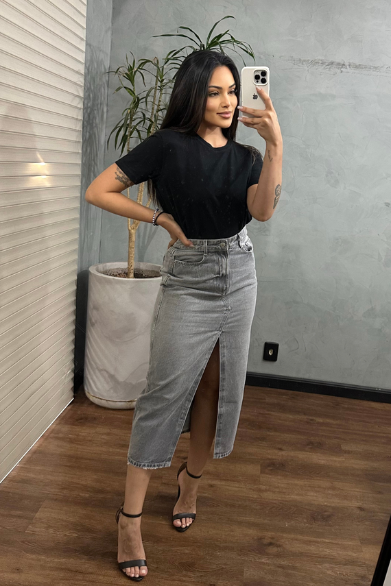 Saia Jeans Feminina Regular Midi com Cintura Alta - DZ7327