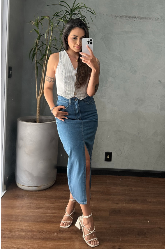 Saia Jeans Feminina Regular Midi com Cintura Alta - DZ7334