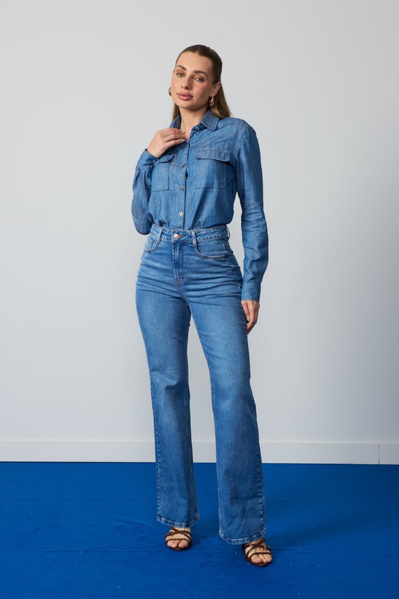 Calça Jeans Feminina Wide Leg Fit Alongada Cintura Alta - DZ21331