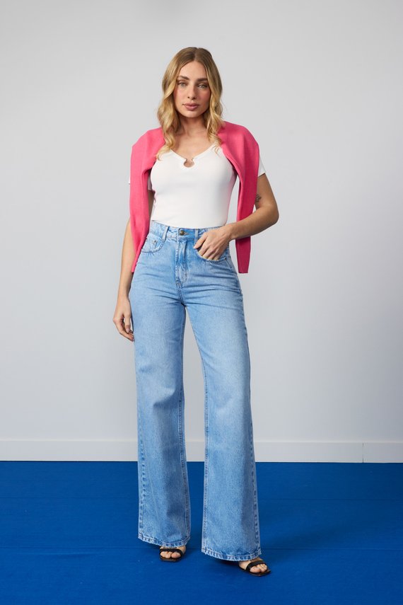 Calça Jeans Feminina Wide Leg Alongada Cintura Alta - DZ21355