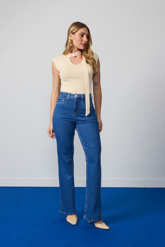 Calça Jeans Feminina Wide Leg Fit Alongada Cintura Alta - DZ21358