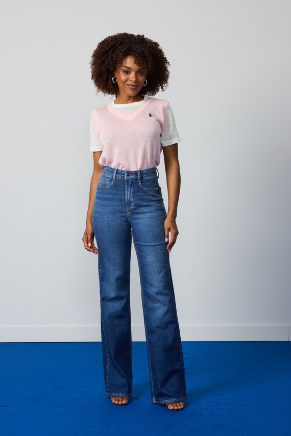 Calça Jeans Feminina Wide Leg Fit Alongada Cintura Alta - DZ21359