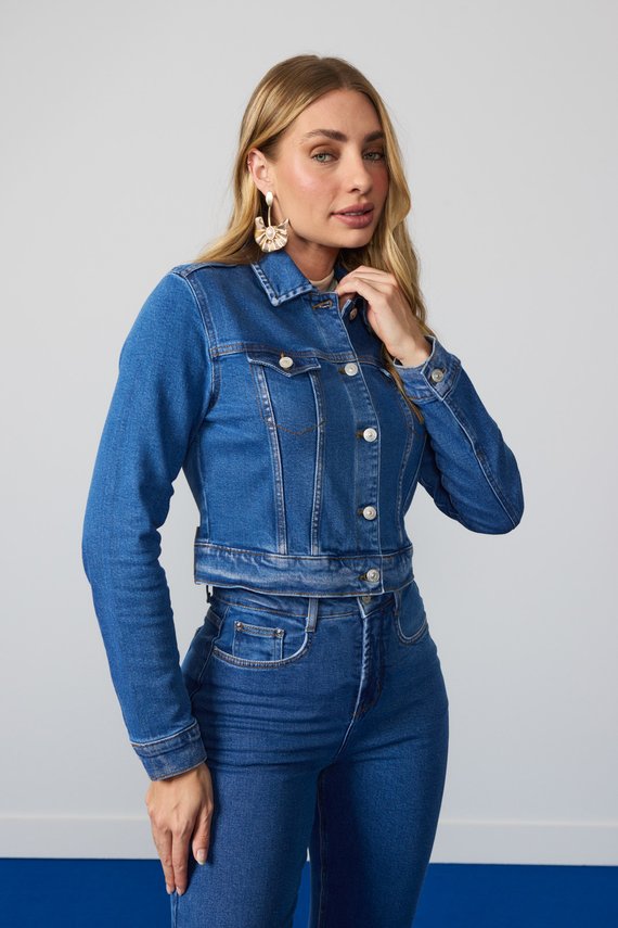 Jaqueta Jeans Feminina Cropped Manga-Longa - DZ9254