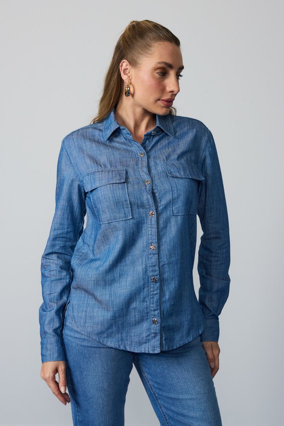 Camisa Jeans Feminina Solta Tradicional Manga-Longa - DZ11175