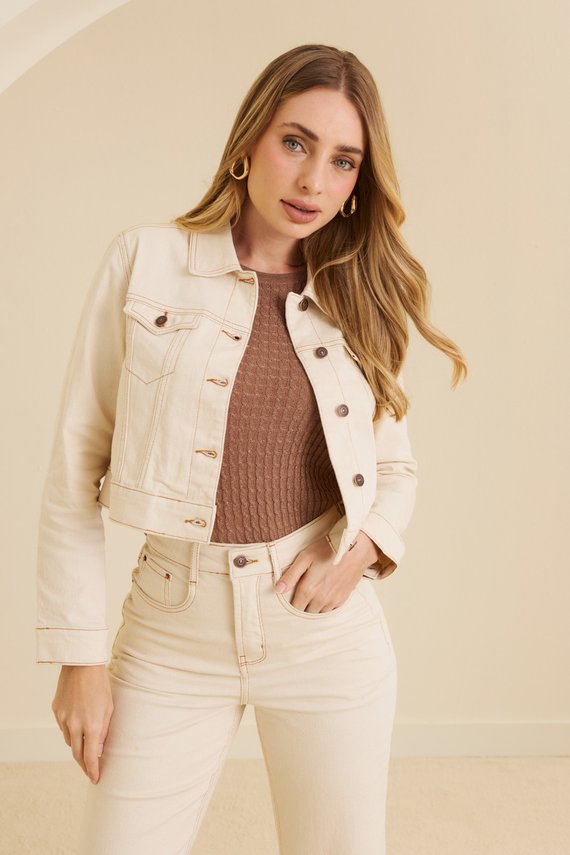 Jaqueta Jeans Feminina Elastano Cropped Manga Longa - DZ9258