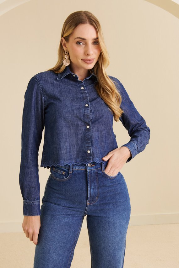 Camisa Jeans Feminina Solto Cropped Manga-Longa - DZ11176