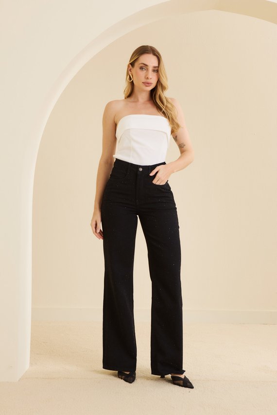 Calça Jeans Feminina Wide Leg Alongada Cintura Alta - DZ21399