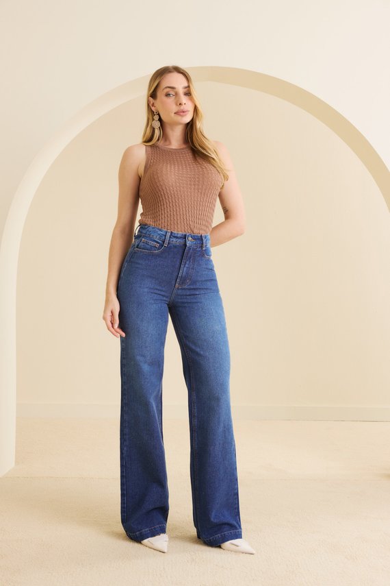 Calça Jeans Feminina Wide Leg Super Alongada Cintura Alta - DZ21400