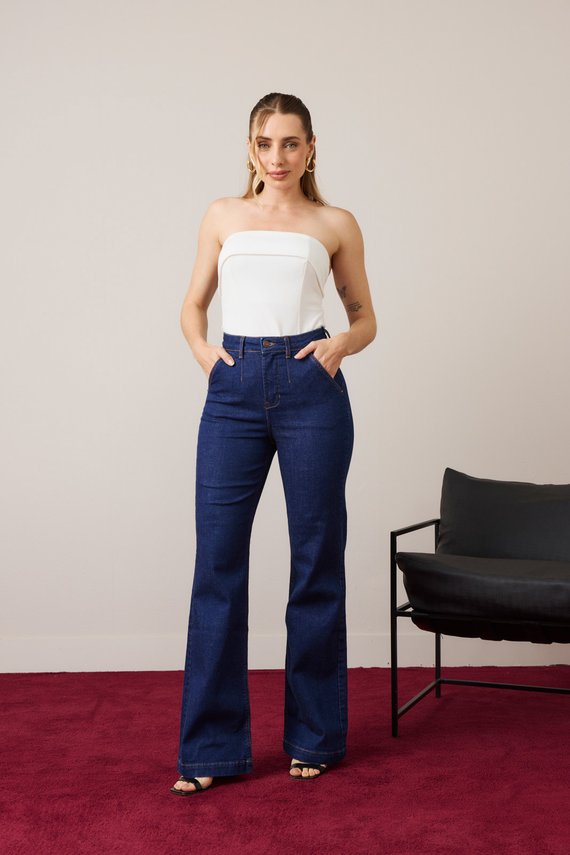 Calça Jeans Feminina Wide Leg Fit Alongada Cintura Alta - DZ21448