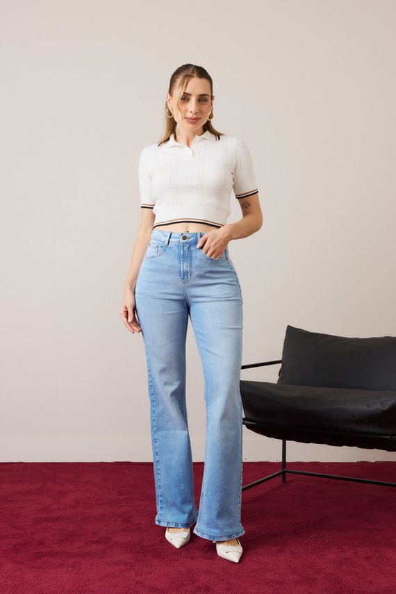 Calça Jeans Feminina Wide Leg Fit Alongada Cintura Alta - DZ21449