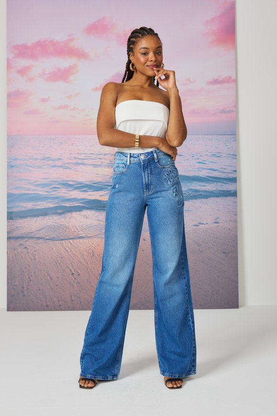 Calça Jeans Feminina Wide Leg Alongada com Cintura Alta - DZ21258