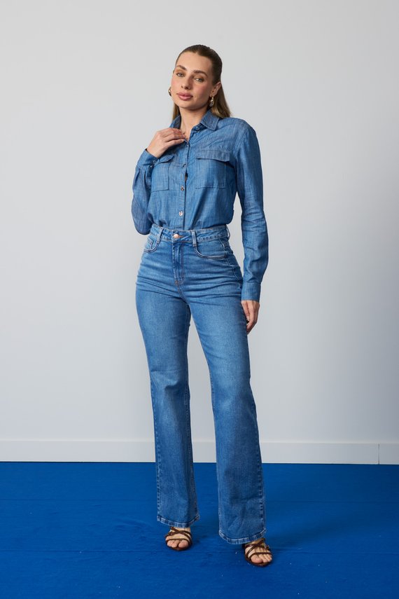 Calça Jeans Feminina Wide Leg Fit Alongada Cintura Alta - DZ21331