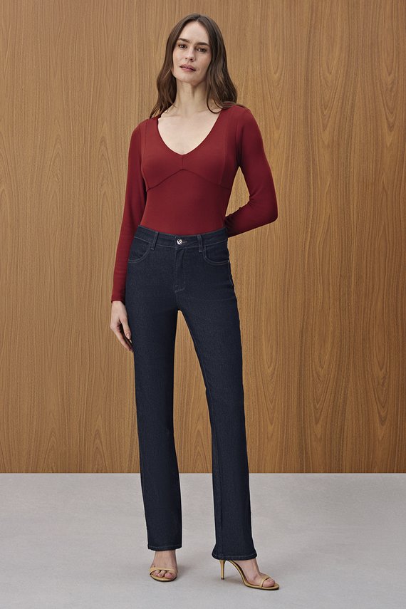 Calça Feminina London Reta Cintura Media Tradicional Escura - IDX20335