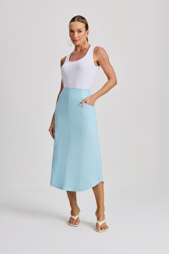 Saia Feminina Evase com Cintura Alta Midi - IDX7023.AZU