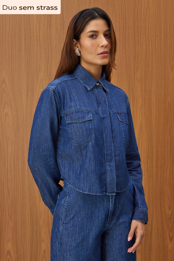Camisa Feminina Slim Manga Longa Cropped sem Strass - IDX11048