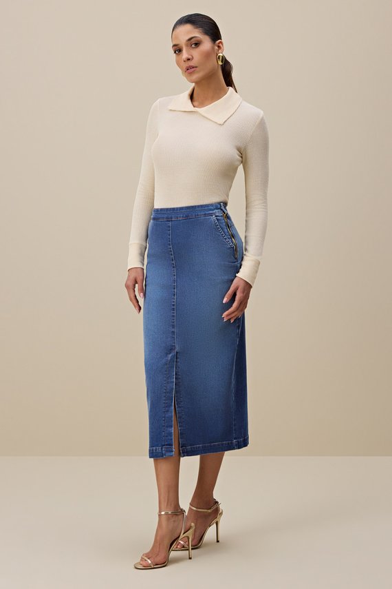 Saia Feminina Reta Cintura Alta Midi - IDX7038