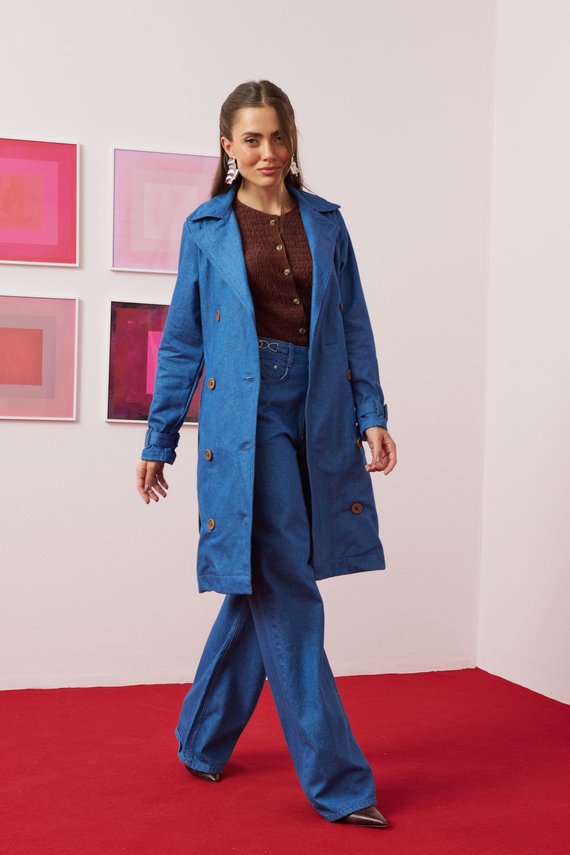 Casaco Jeans Feminino Trench Coat Alongado Manga-Longa  - DZG1210