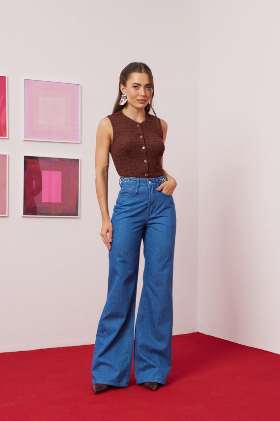Calça Jeans Feminina Wide Leg Alongada Cintura Alta- DZG1211
