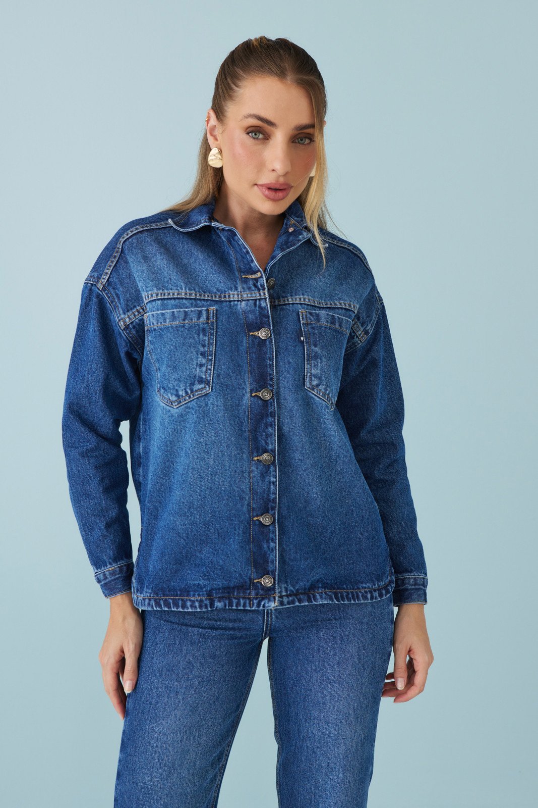 Jaqueta Jeans Feminina Shacket Alongada Manga-Longa - DZ9273