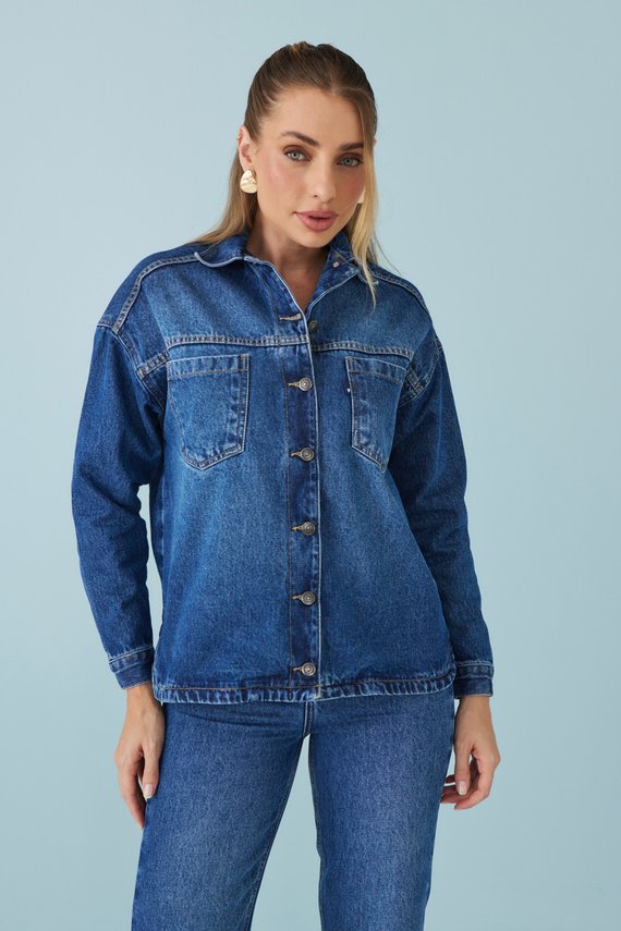 Jaqueta Jeans Feminina Shacket Alongada Manga-Longa - DZ9273