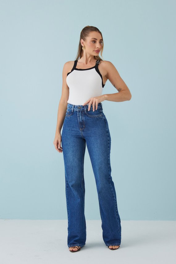 Calça Jeans Feminina Wide Leg Super Alongada Cintura Alta - DZ21485