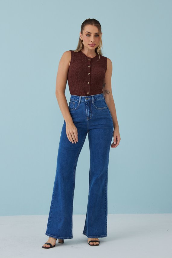 Calça Jeans Feminina Wide Leg Fit Alongada Cintura Alta- DZ21447
