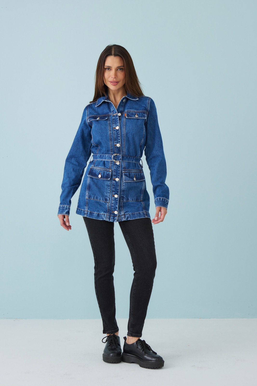 Jaqueta Jeans Feminina Parka Alongada Manga-Longa- DZ9264